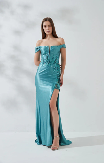 Stunning Mermaid Off-shoulder Short-sleeve Glitter Floor-length Floral Slit Lace-up Evening Gown