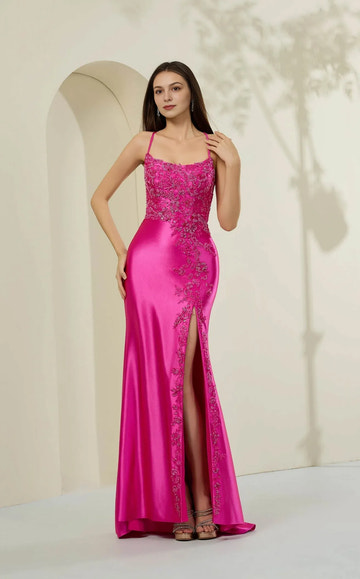 Stunning Mermaid Spaghetti Strap Satin Floor Length Beaded Slit Evening Gown