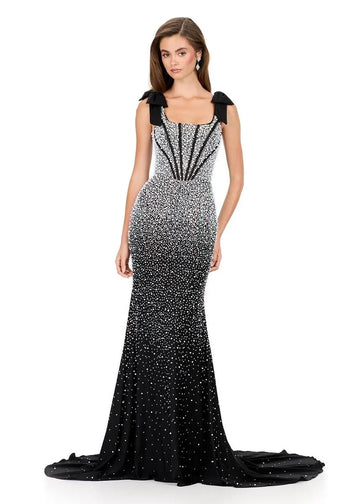 Impresionante Vestido Largo de Satén con Escote Cuadrado, Diseño de Sirena, Lazo y Diamantes de Imitación para Fiesta de Graduación
