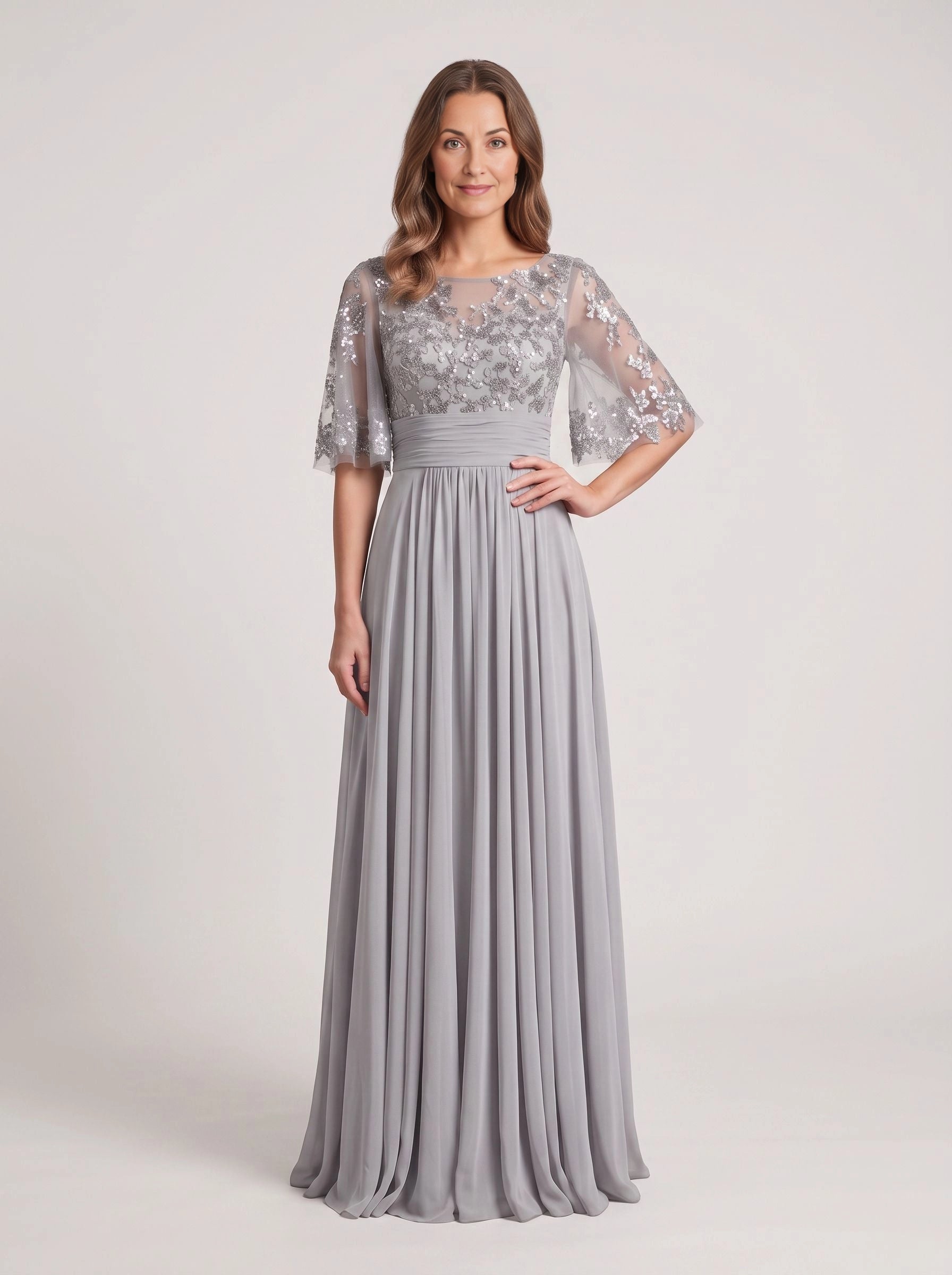 Vedress silver grey chiffon a‑line mother of the bride dress sequin embroidery flutter sleeve formal wedding gown
