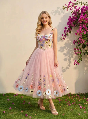 Vedress pink tulle colorful 3D flower spaghetti strap midi wedding dress