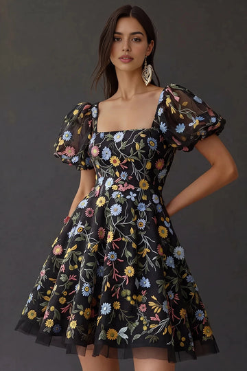Sweet A‑Line Square‑Neck Puffed‑Sleeve Square‑Back Short Homecoming Dress