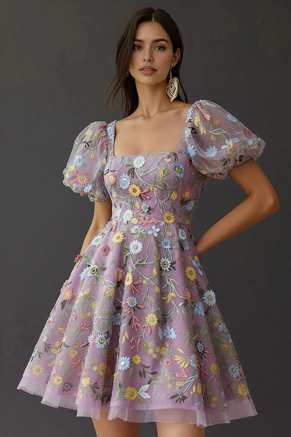 Vedress lavender floral embroidery homecoming dress, square neck puffed short sleeve, square open back, a‑line tulle short cocktail gown for women