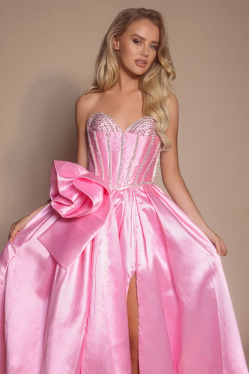 Vestido de fiesta de satén con cuello corazón, lazo, corte A, hasta el suelo, con abertura alta