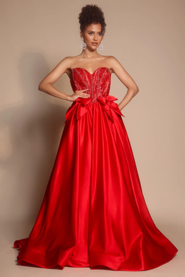 Glamorous Sweetheart Satin Beaded Floor-Length Bow A-Line Ball Gown Prom Dress