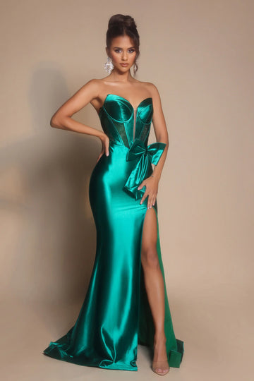 Glamorous Sweetheart Satin Floor-Length Bow Mermaid Hight Slit Gown Prom Dress