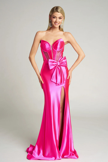 Glamorous Sweetheart Satin Floor-Length Bow Mermaid Hight Slit Gown Prom Dress