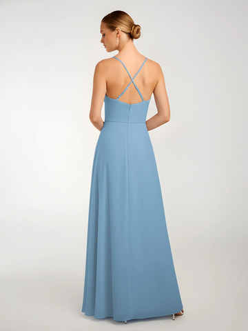Spaghetti Strap V-Neck Twist Front Chiffon Bridesmaid Maxi Dress with Slit & Crisscross Back