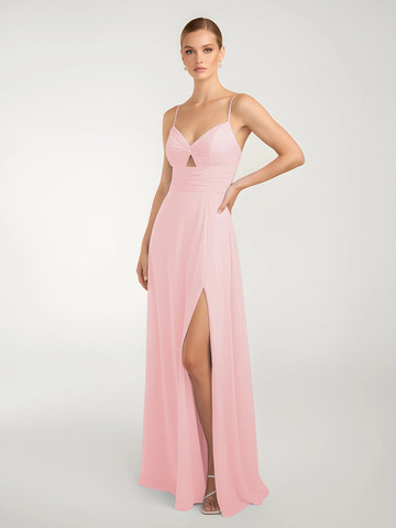 Spaghetti Strap V-Neck Twist Front Chiffon Bridesmaid Maxi Dress with Slit & Crisscross Back