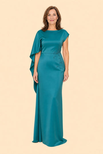 Vedress teal satin mermaid long mother of the bride dress,front view boat neck,flowing draped cape panel,waist side beaded floral embroidery,beige studio background