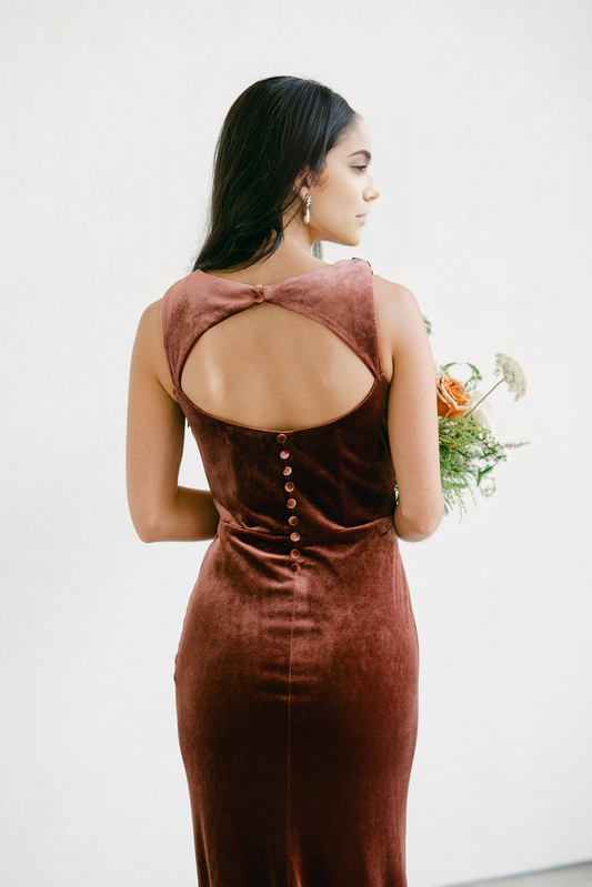 Mermaid Fall and Winter Elegant Velvet Plunging Neckline Bridesmaid Dress Floor length Keyhole Back Button Detail Evening Gown