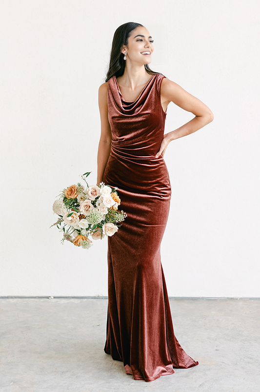 Mermaid Fall and Winter Elegant Velvet Plunging Neckline Bridesmaid Dress Floor length Keyhole Back Button Detail Evening Gown