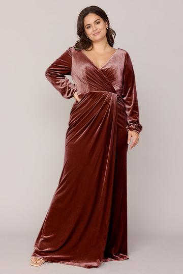 Long Sleeve Fall and Winter Velvet Wrap Bridesmaid Dress V-Neck Party Wedding Guest Dresses With Slit