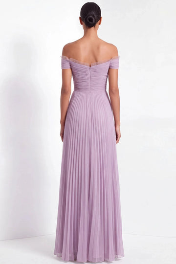 Lilac Pleated Off Shoulder Straight Open Back Maxi Bridesmaid Gown Vedress