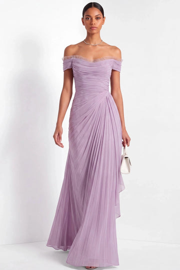 Vedress lilac sheer pleated off shoulder ruffle sleeve wrap waist maxi bridesmaid gown front view