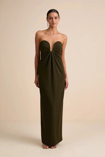 Solid Black Column Strapless Deep V Open Back Maxi Homecoming Gown Vedress