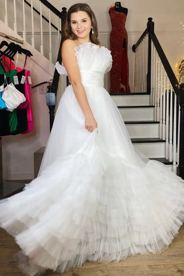 Tulle A-Line Strapless Ruffle Tiered Floor-Length Prom Gown