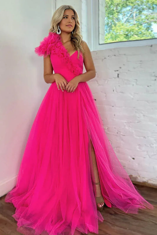 Tulle Ruffle Ball Gown V-Neck One-Shoulder Floor-Length Prom Gown