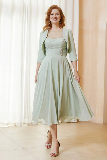 Two-Piece Lace Chiffon A-Line Mother of the Bride Dress Midi Dress with Jacket