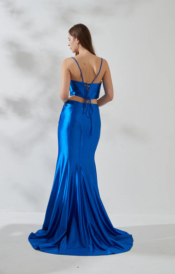 TwoPiece Sweetheart Sleeveless Satin Floor-Length HighSlit Prom Dress