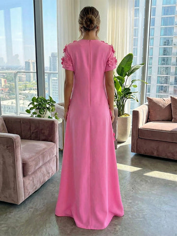Vedress invisible zipper‑back pink 3D flower a‑line long wedding guest gown rear view
