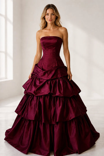 Regal Burgundy Ball Gown Strapless Sleeveless Satin Ruffled Prom Dress