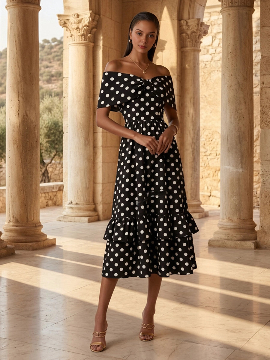 vedress black white polka dot midi wedding guest dress off shoulder bow short sleeve ruffled hem a line gown