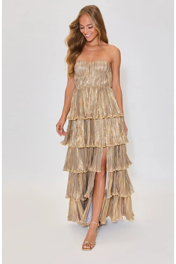 Voluminous Tiered Ruffle Strapless Bustier Metallic Pleated High Slit Floor-Length Maxi Evening Dress