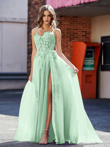 Whimsical A-Line Sweetheart Spaghetti Strap Tulle 3D Floral Slit Formal Prom Dress