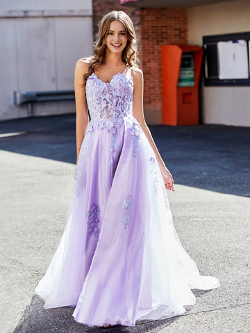 Whimsical A-Line Sweetheart Spaghetti Strap Tulle 3D Floral Slit Formal Prom Dress