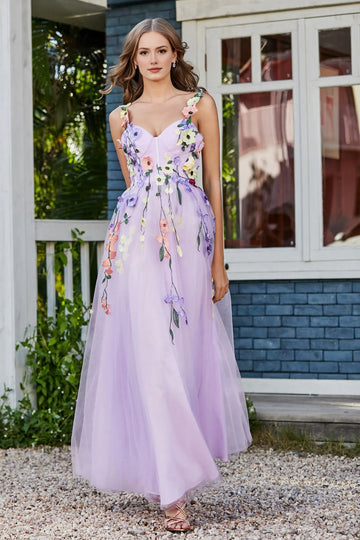 Whimsical A-Line Sweetheart Spaghetti Tulle Long Floral Prom Dress