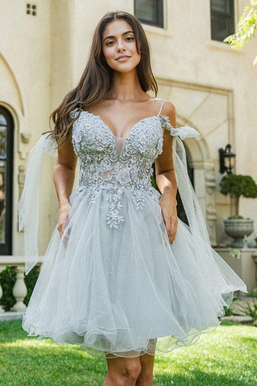 Whimsical A-line V-neck Off-the-shoulder Glitter Tulle Short Floral Lace-up Back Homecoming Dress