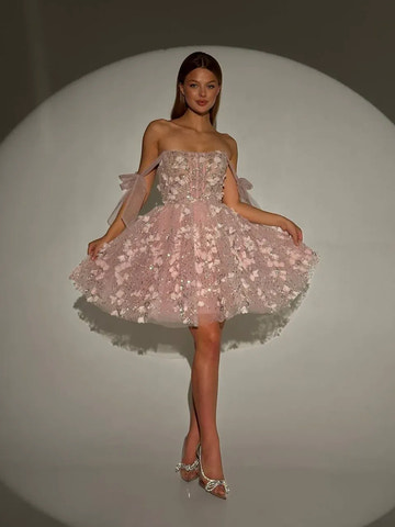Whimsical ALine StraightNeck OffShoulder Tulle Floral Short Homecoming Dress