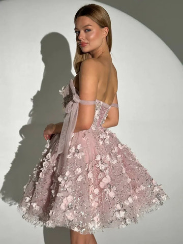 Whimsical ALine StraightNeck OffShoulder Tulle Floral Short Homecoming Dress