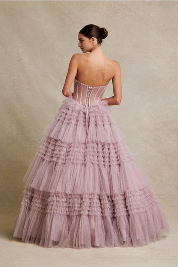 Whimsical Ballgown Sweetheart Strapless Tulle Long Tiered Prom Dress