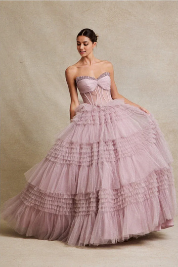 Whimsical Ballgown Sweetheart Strapless Tulle Long Tiered Prom Dress