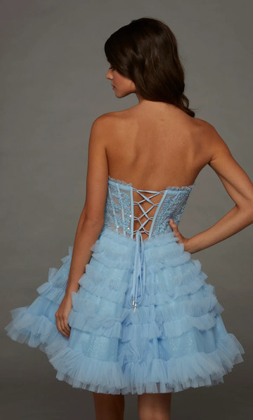 Whimsical Glitte A Line Strapless Sleeveless Tulle Beaded Corset Bow Mini Homecoming Dress