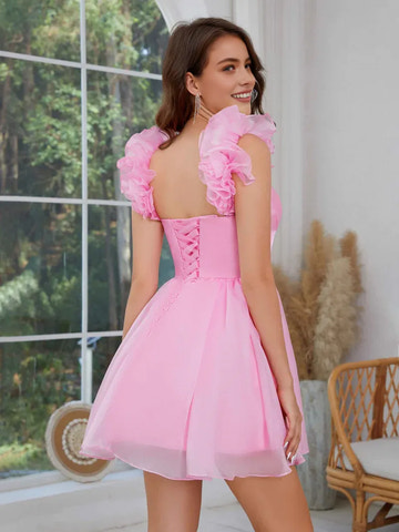 Whimsical Fit-and-Flare Sweetheart Off-the-Shoulder Ruffled-Sleeve Organza Mini Lace-Up Homecoming Dress