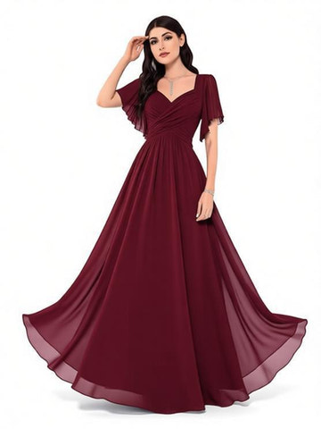 Square Neck Flutter Sleeve Chiffon Bridesmaid Dress - A-Line Floor Length Formal Evening Gown with Lace-Up Back for Wedding Guest & Party