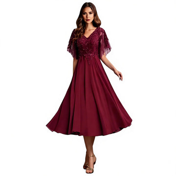 Elegant Lace & Beaded Tea-Length Formal Dress | V-Neck Flutter Sleeve Chiffon A-Line Midi Gown for Evening Party