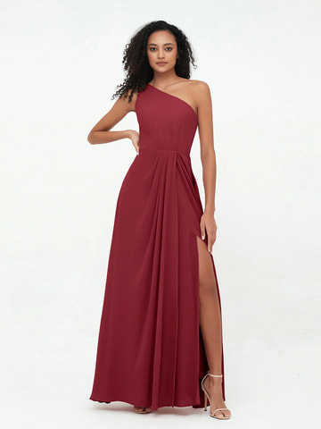 One Shoulder Pleated Waist Chiffon A-Line Bridesmaid Maxi Dress with Side Slit