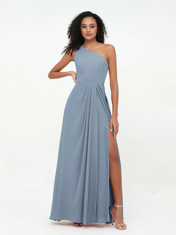 One Shoulder Pleated Waist Chiffon A-Line Bridesmaid Maxi Dress with Side Slit