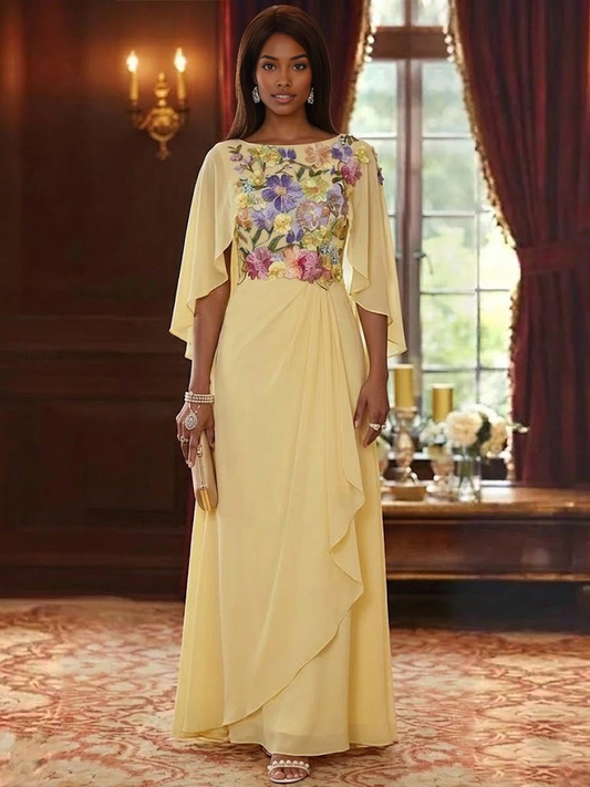 Elegant Scoop Chiffon Mother of the Bride Dresses Lace Floral Embroidered Round Neck Cape Sleeve Maxi Formal Gown