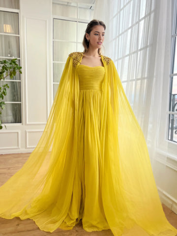 Radiant A-Line Sleeveless Crystal Embellishments Chiffon Draped Bodice Evening Dress with Cape