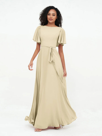 Boat Neck Flutter Sleeve Chiffon A-Line Bridesmaid Maxi Dress with Waist Tie & Pockets