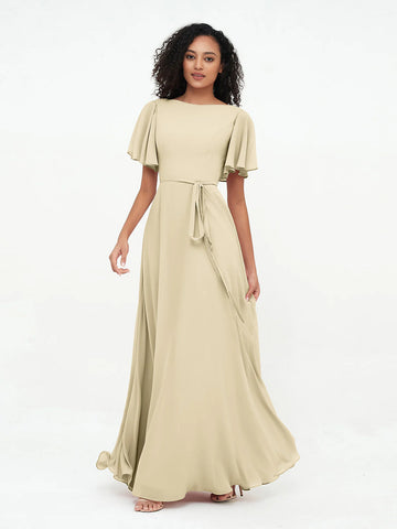 Boat Neck Flutter Sleeve Chiffon A-Line Bridesmaid Maxi Dress with Waist Tie & Pockets