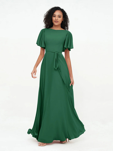 Boat Neck Flutter Sleeve Chiffon A-Line Bridesmaid Maxi Dress with Waist Tie & Pockets