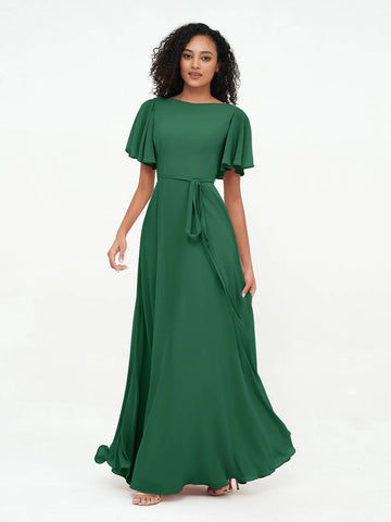 Boat Neck Flutter Sleeve Chiffon A-Line Bridesmaid Maxi Dress with Waist Tie & Pockets