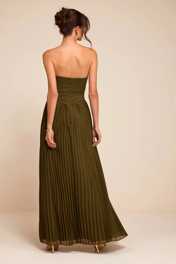 Olive Green A Line Strapless Plunge Open Back Maxi Bridesmaid Gown Vedress