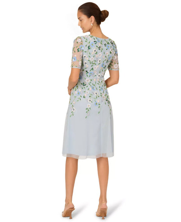 A-Line Round Neck Short Sleeve Mesh Wedding Guest Dress Midi Cocktail Dress with Beaded Floral Embroidery